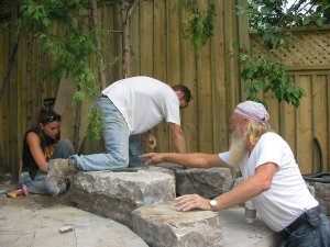 The crew building a waterfall